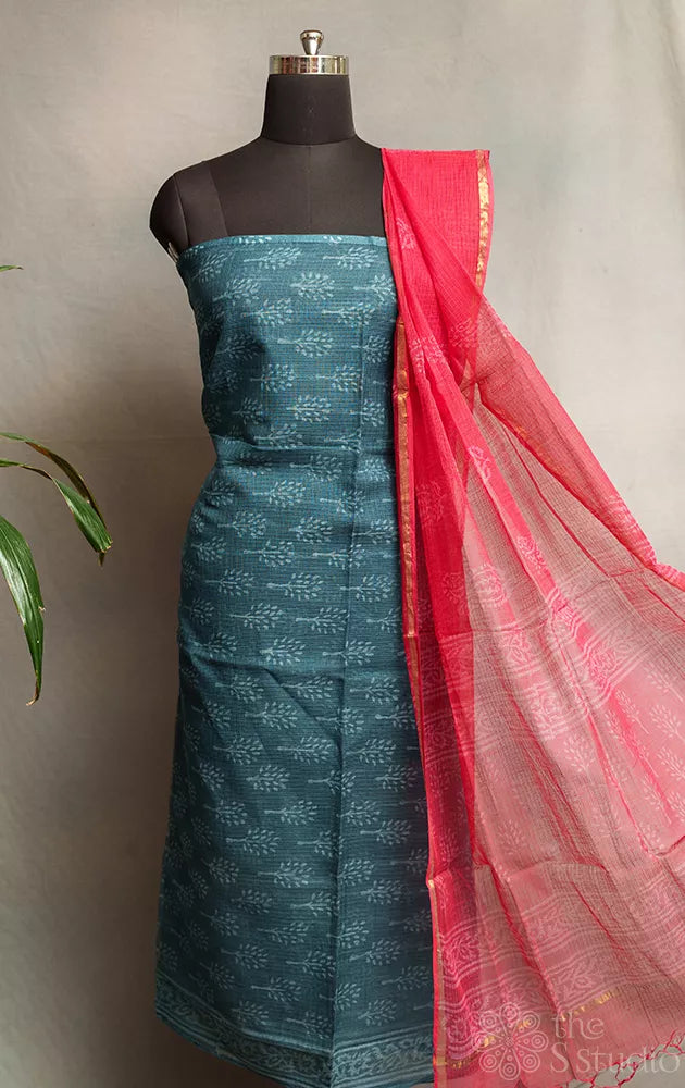 Grey kota cotton salwar set with peach kota dupatta