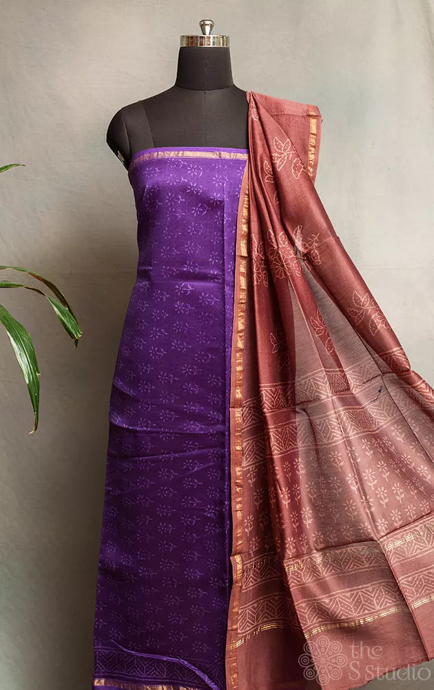 Violet chanderi silk cotton salwar set with brown dupatta