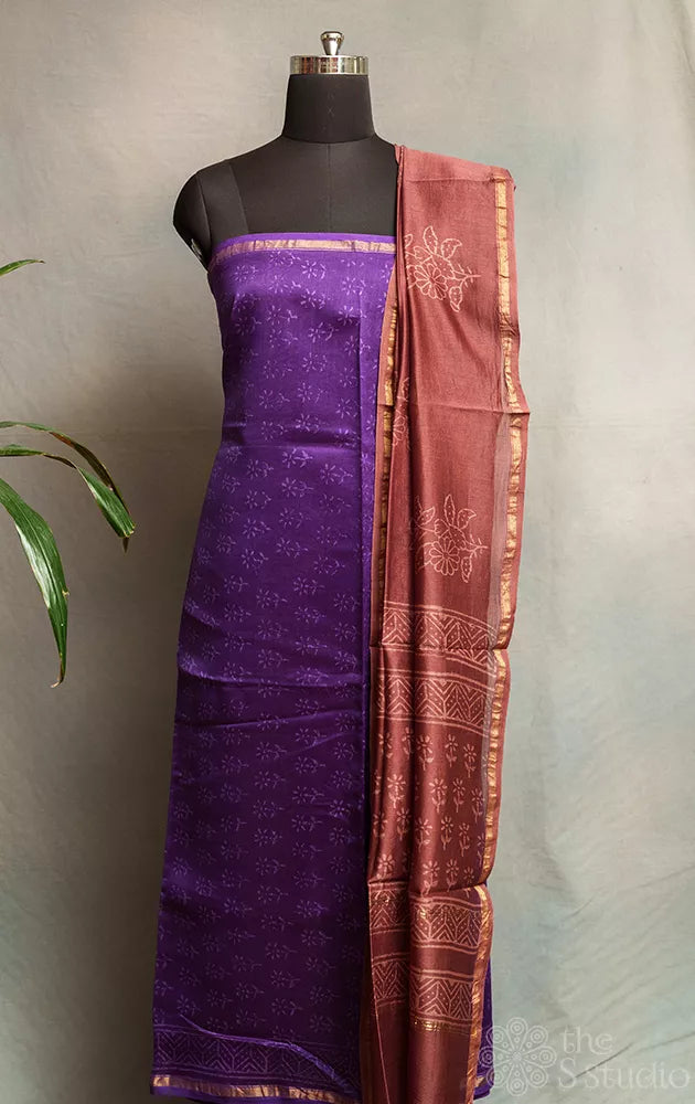 Violet chanderi silk cotton salwar set with brown dupatta
