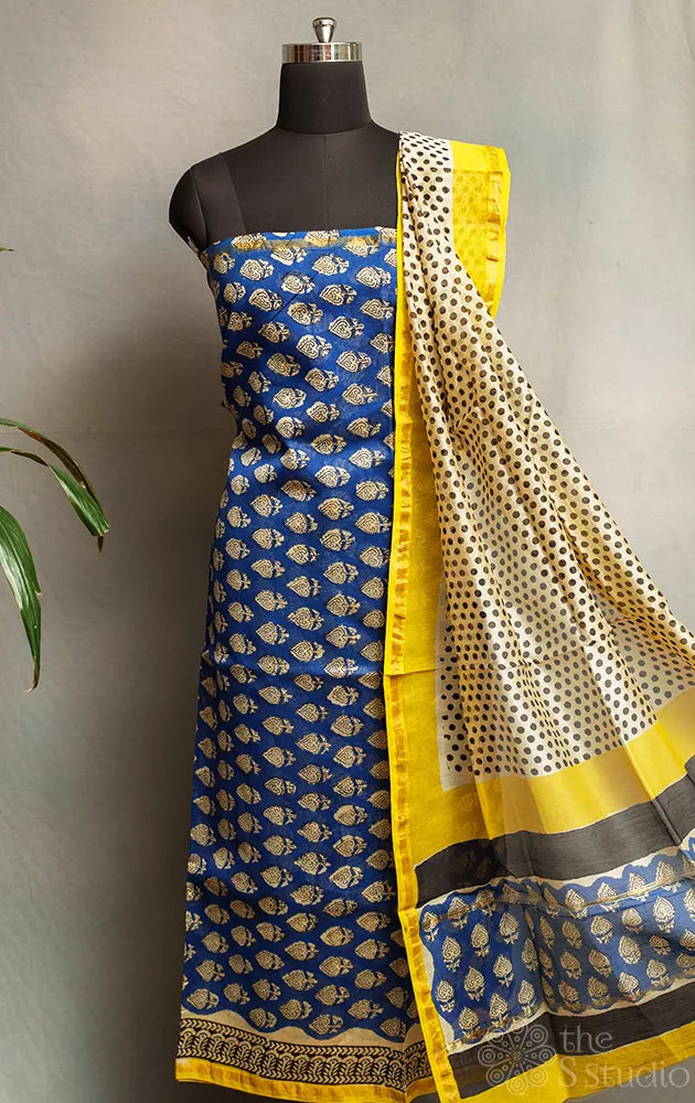Blue and white printed chanderi silk cotton salwar suit