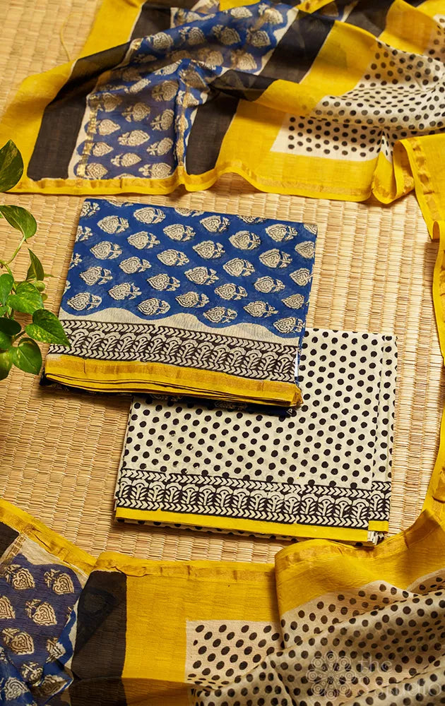 Blue and white printed chanderi silk cotton salwar suit
