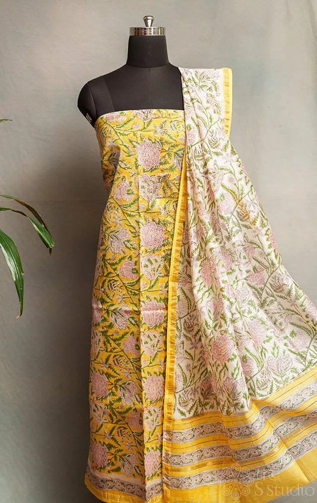 Yellow and white floral printed chanderi silk cotton salwar set