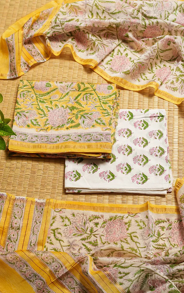 Yellow and white floral printed chanderi silk cotton salwar set