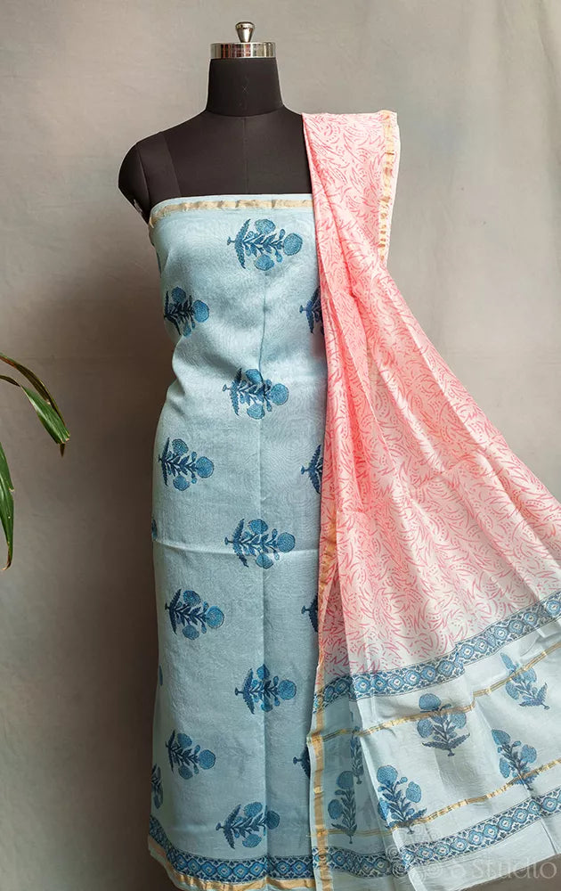 Light blue chanderi silk cotton salwar suit with pink dupatta
