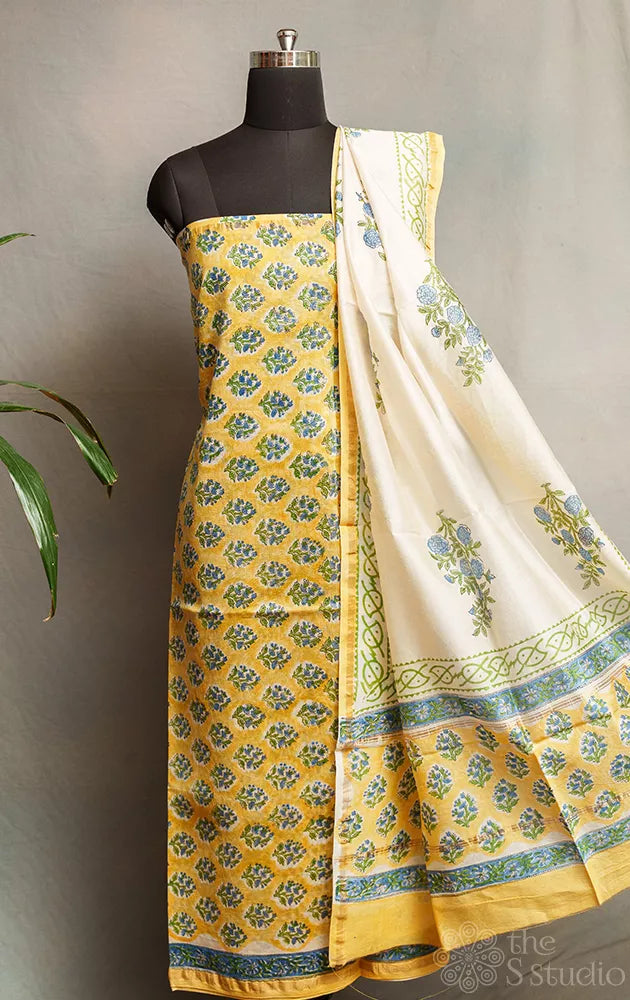 Yellow with blue printed chanderi silk cotton salwar suit 