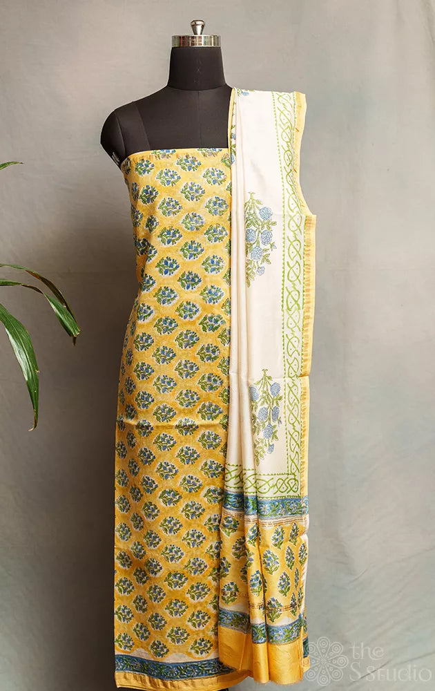 Yellow with blue printed chanderi silk cotton salwar suit