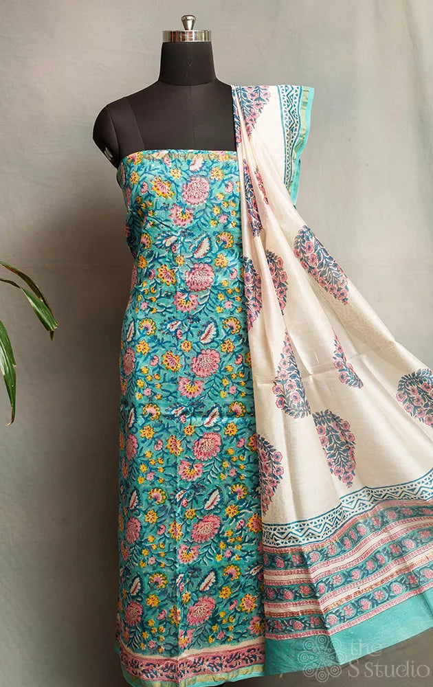 Teal blue chanderi silk cotton salwar suit with white dupatta