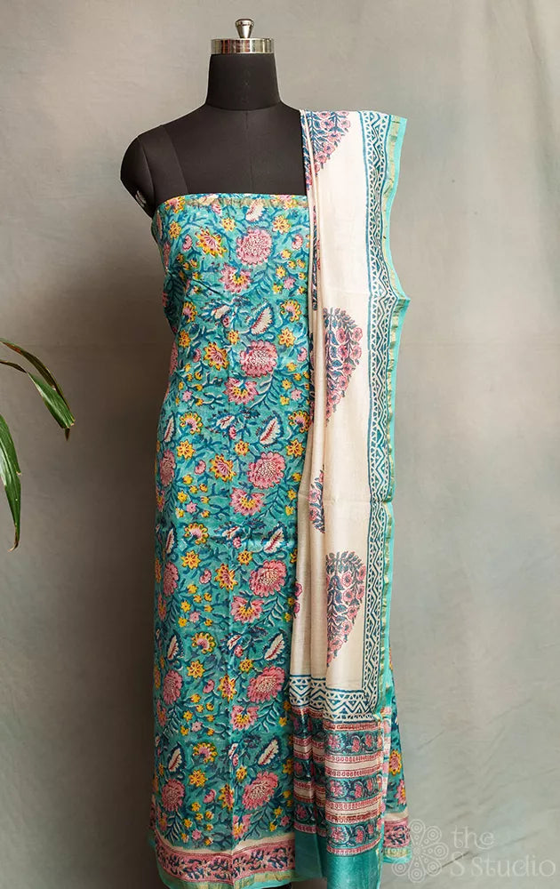 Teal blue chanderi silk cotton salwar suit with white dupatta