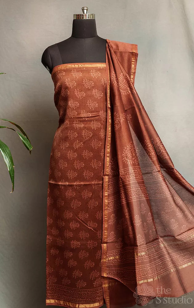 Brown chanderi silk cotton salwar set with matching dupatta