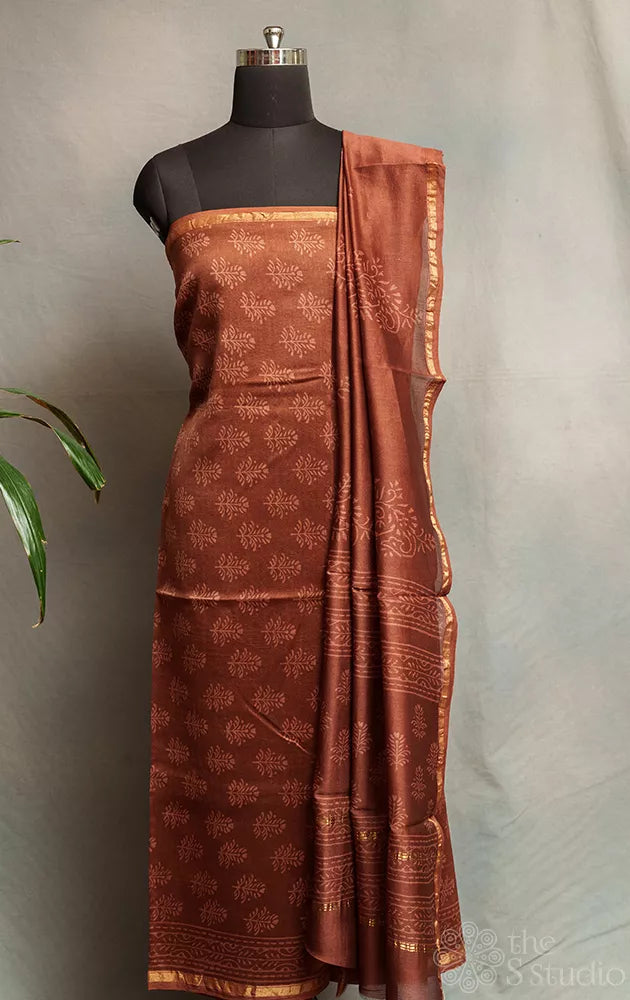 Brown chanderi silk cotton salwar set with matching dupatta