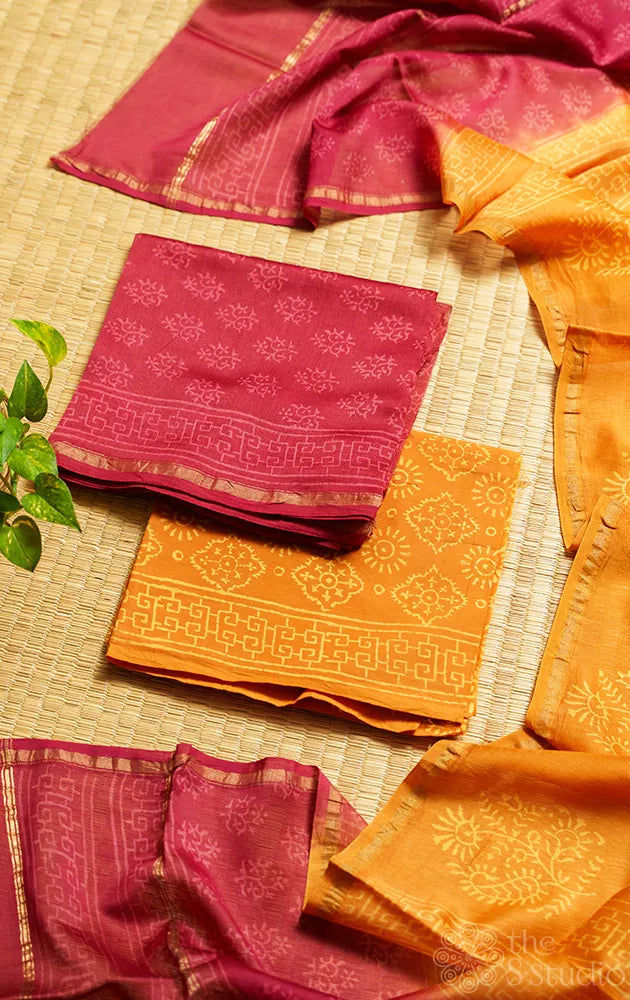 Maroon chanderi silk cotton salwar suit with contrast dual colour dupatta