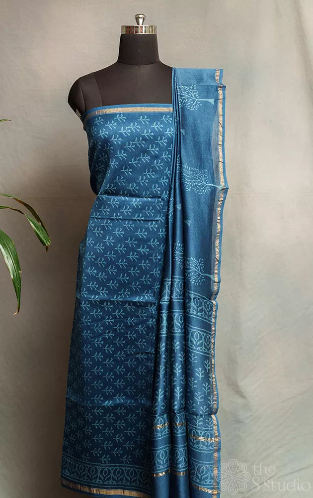 Blue chanderi silk cotton salwar set with matching dupatta