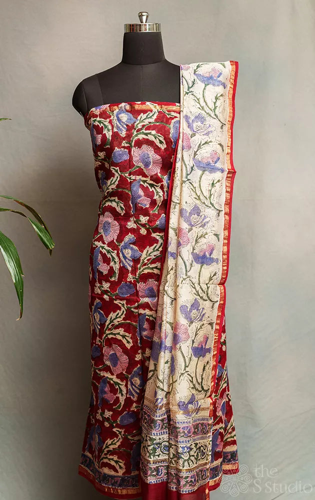 Maroon chanderi silk cotton salwar suit with contrast white dupatta