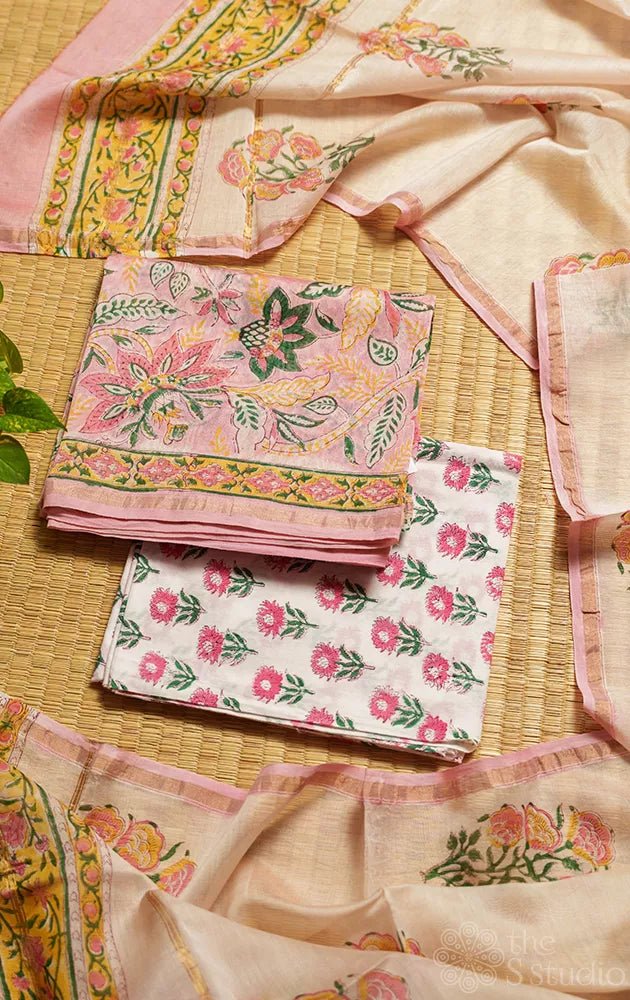 Pink chanderi silk cotton floral printed salwar suit with white dupatta