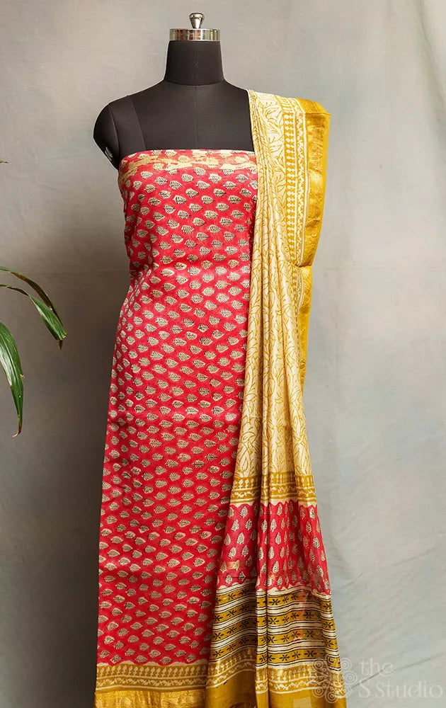 Peach printed maheshwari silk cotton salwar set with apple green dupatta