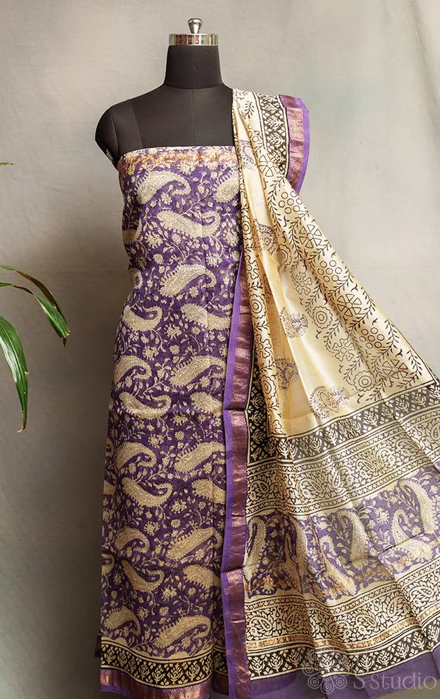 Violet with white printed maheshwari silk cotton salwar suit with matching dupatta