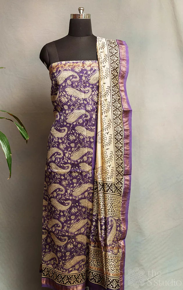Violet with white printed maheshwari silk cotton salwar suit with matching dupatta