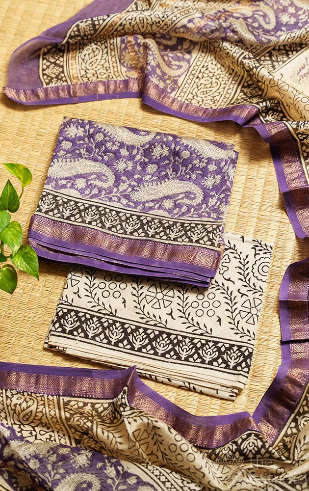 Violet with white printed maheshwari silk cotton salwar suit with matching dupatta