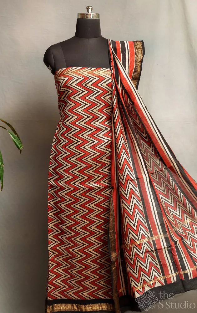 Brown with cream zig zag pattern printed maheshwari silk cotton salwar set