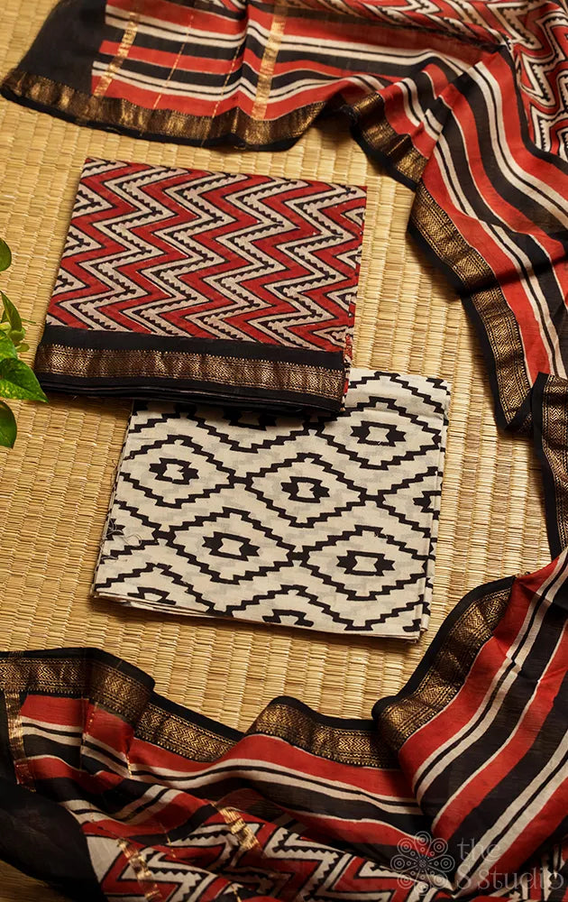 Brown with cream zig zag pattern printed maheshwari silk cotton salwar set