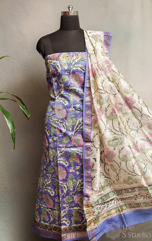 Violet maheshwari silk cotton floral printed salwar set with white dupatta