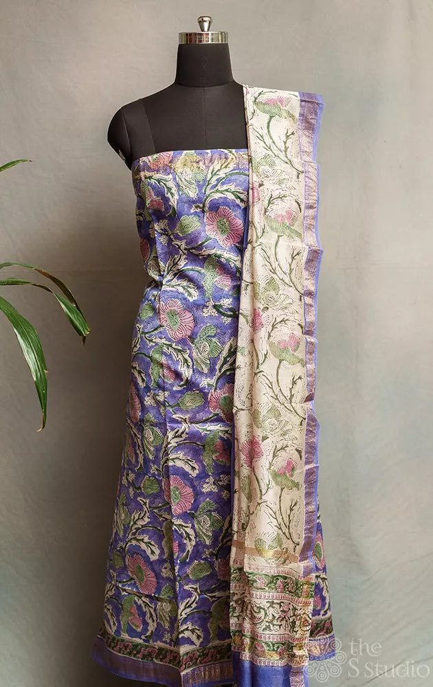 Violet maheshwari silk cotton floral printed salwar set with white dupatta