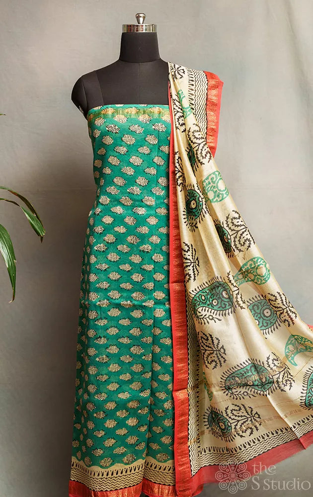 Green maheshwari silk cotton salwar set with matching dupatta