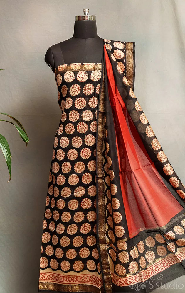 Black with beige printed maheshwari silk cotton salwar suit with matching dupatta