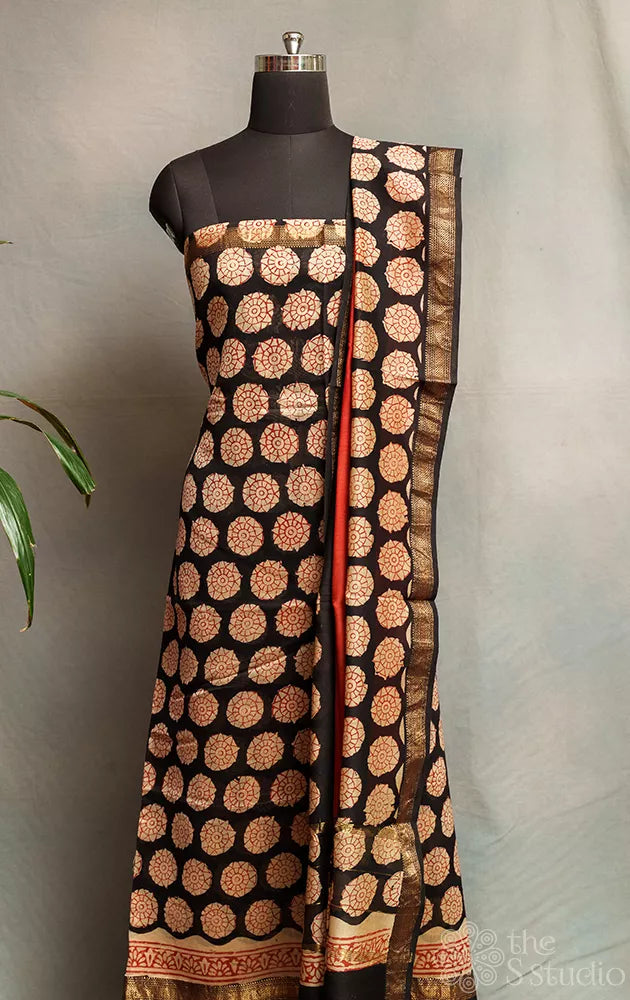 Black with beige printed maheshwari silk cotton salwar suit with matching dupatta