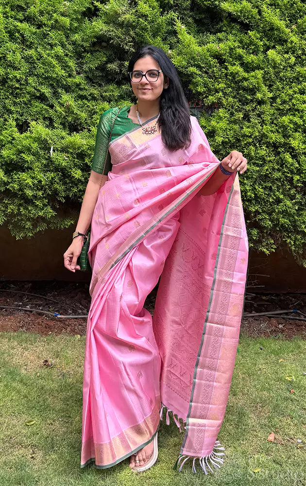 Light pink zari checked kanchipuram silk saree with yaazhi motifs