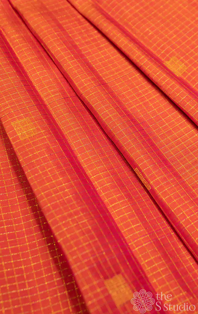 Peachish orange checked kanchi silk blouse material