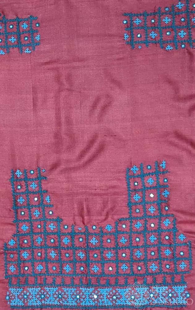 Maroon tussar silk fabric with mirror work kutch hand embroidery