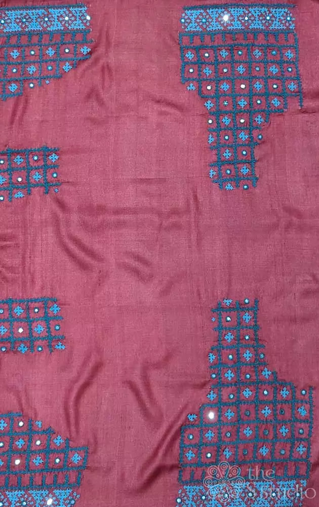 Maroon tussar silk fabric with mirror work kutch hand embroidery