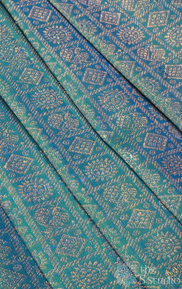 Sea blue kanchi silk blouse material with mayil chakaram motifs