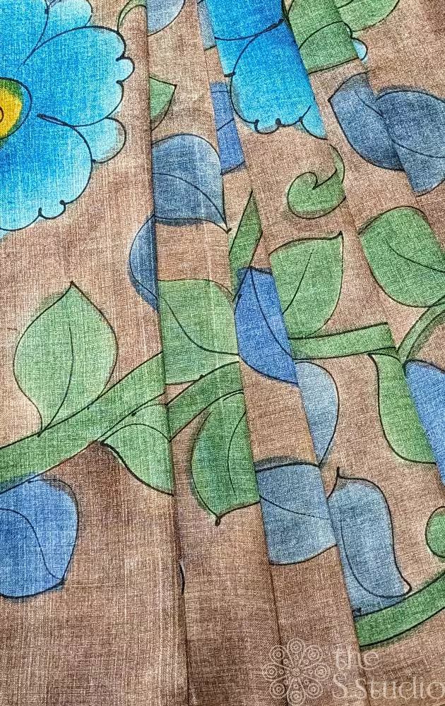 Light brown and blue hand painted kalamkari tussar silk fabric