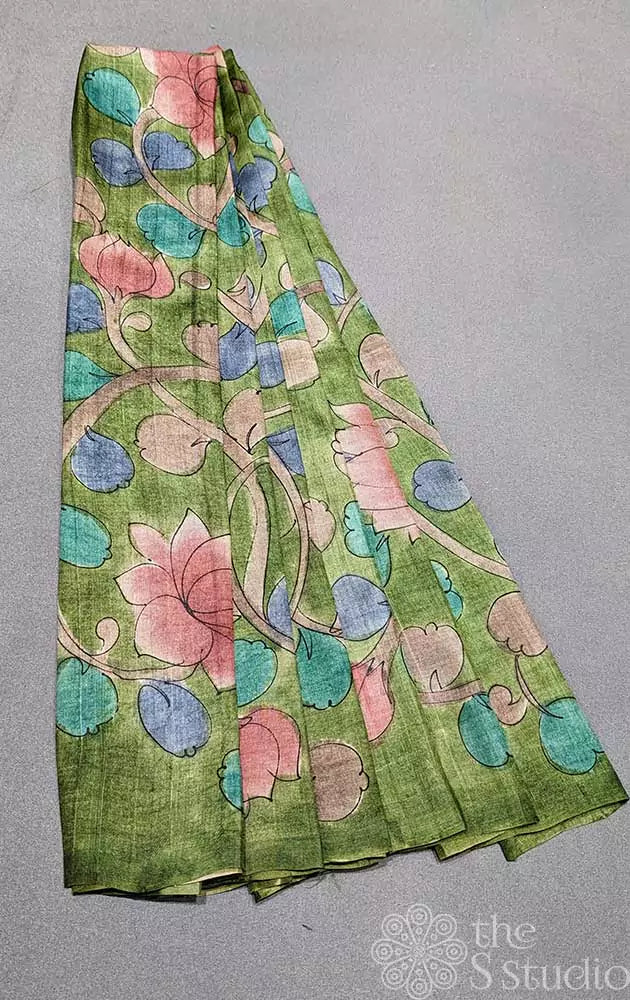 Light green handpainted pen kalamkari tussar silk material