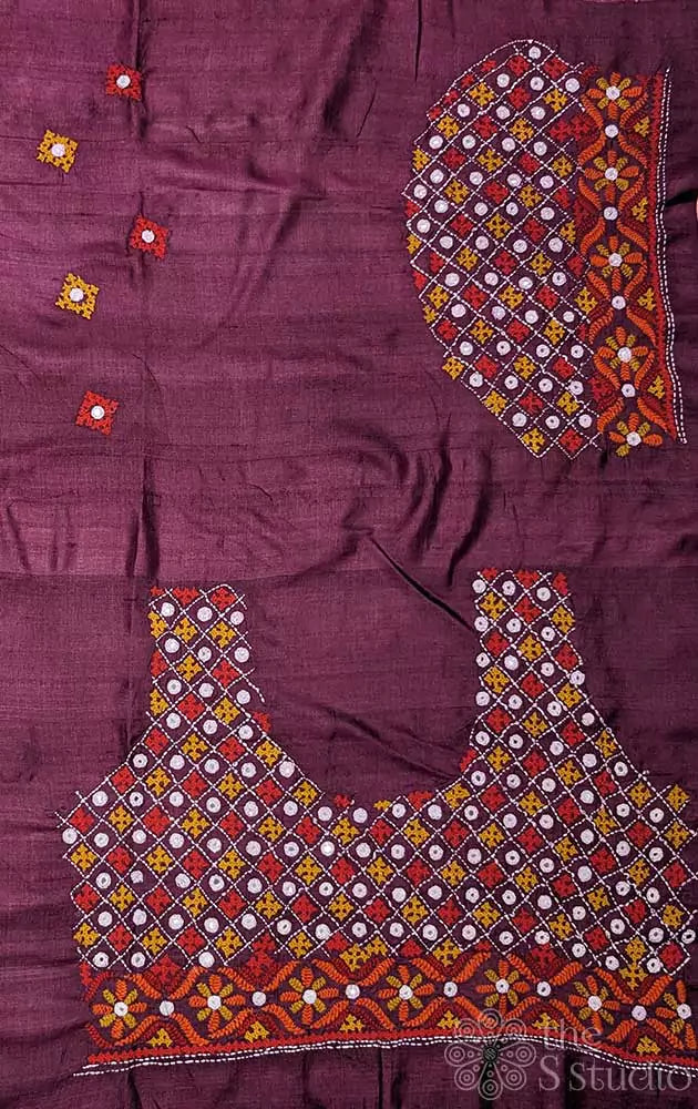 Burgundy tussar silk material with mirror work kutch hand embroidery