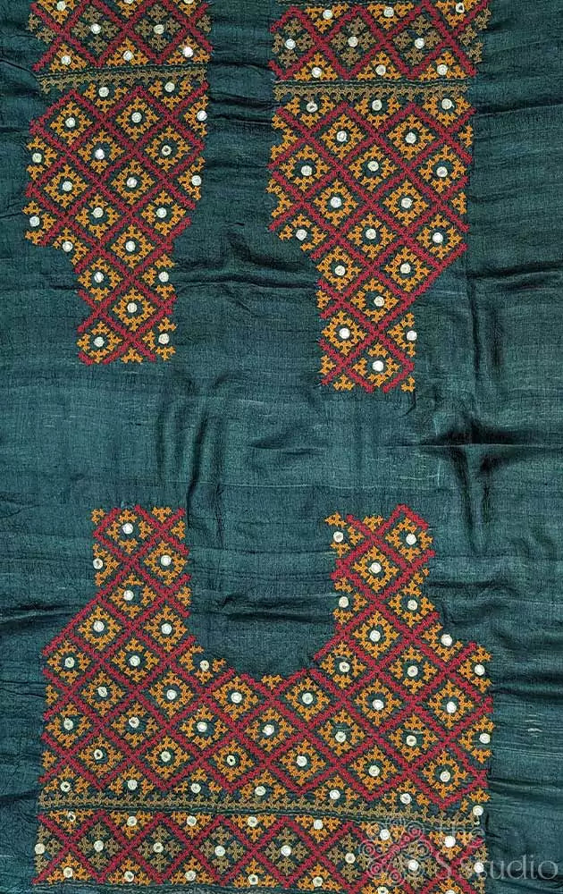 Dark green tussar silk fabric with mirror work kutch hand embroidery