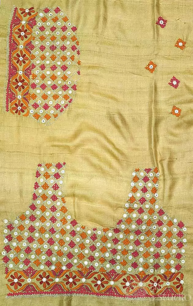 Pale yellow tussar silk material with mirror work kutch hand embroidery