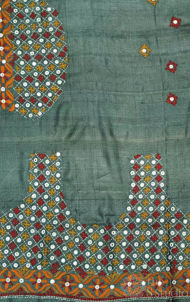 Sage green tussar silk fabric with mirror work kutch hand embroidery