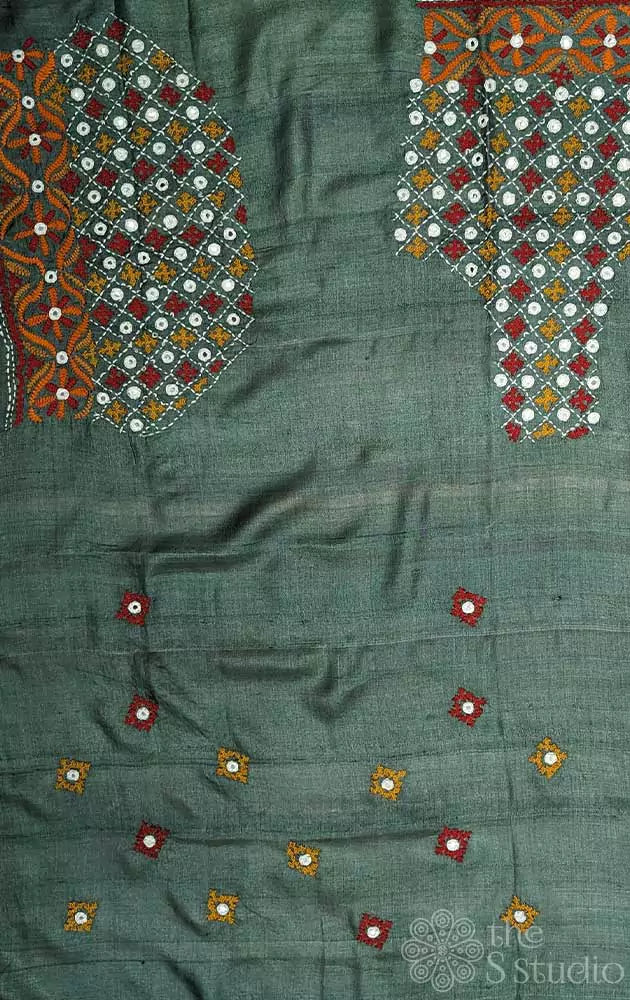 Sage green tussar silk fabric with mirror work kutch hand embroidery