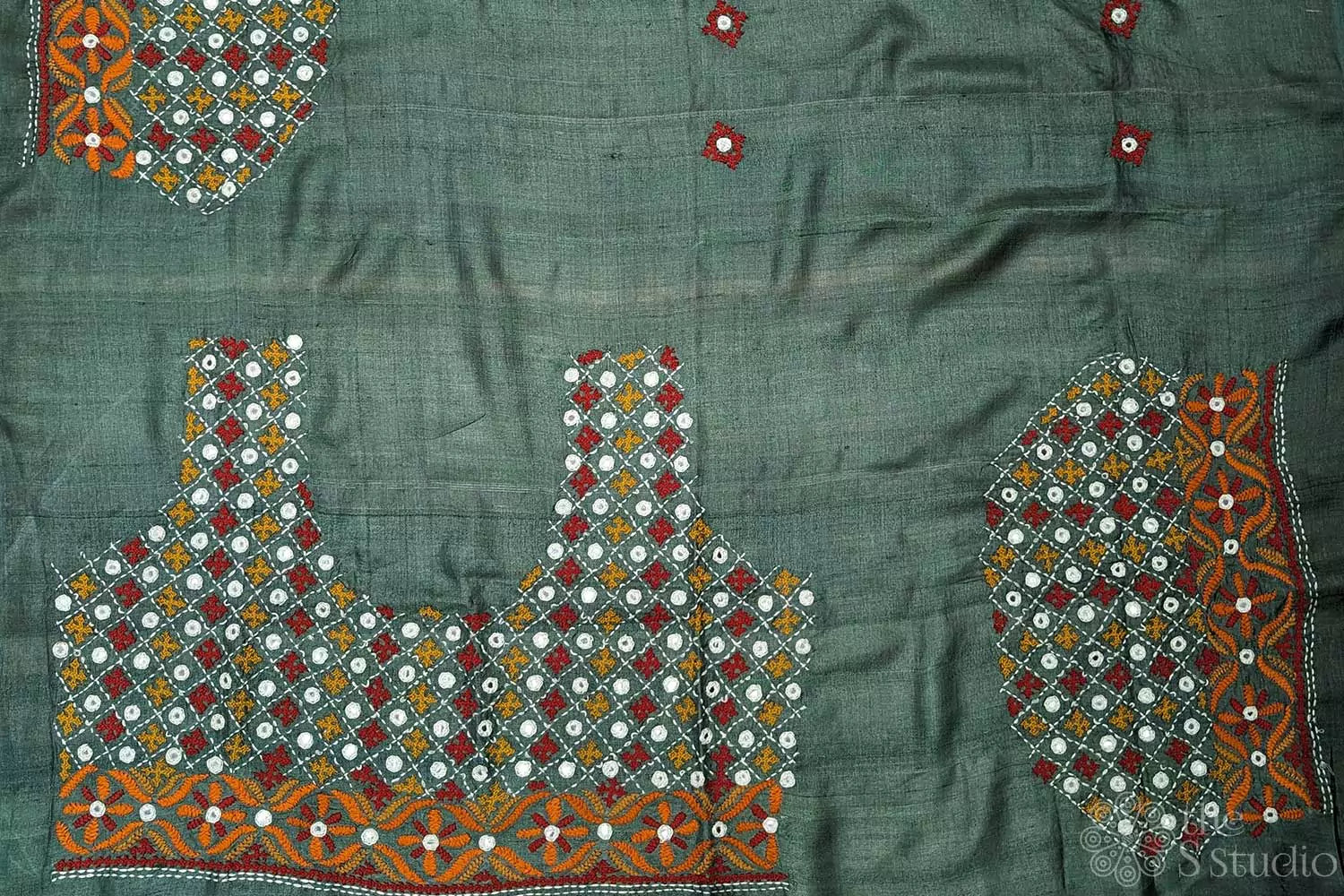 Sage green tussar silk fabric with mirror work kutch hand embroidery