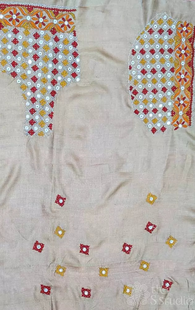 Beige tussar silk material with mirror work kutch hand embroidery