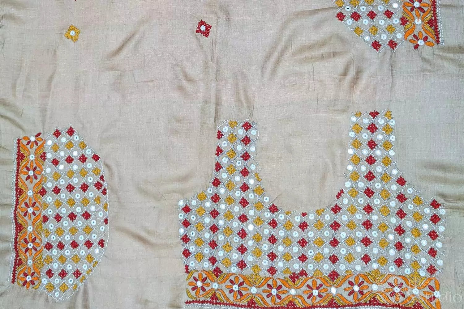 Beige tussar silk material with mirror work kutch hand embroidery