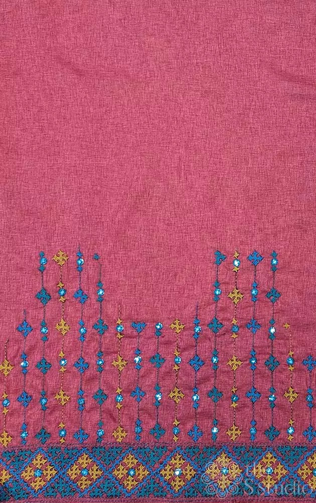 Pinkish red tussar silk material with mirror work kutch hand embroidery