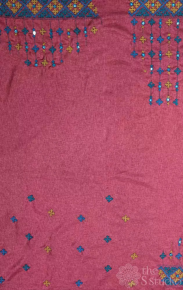Pinkish red tussar silk material with mirror work kutch hand embroidery