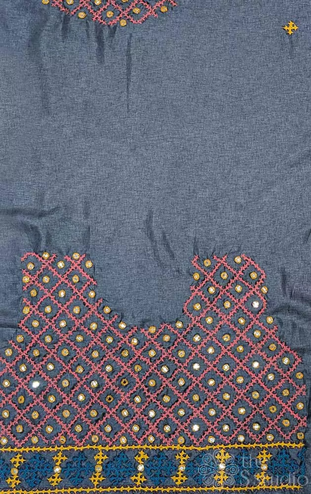 Grey tussar silk fabric with mirror work kutch hand embroidery