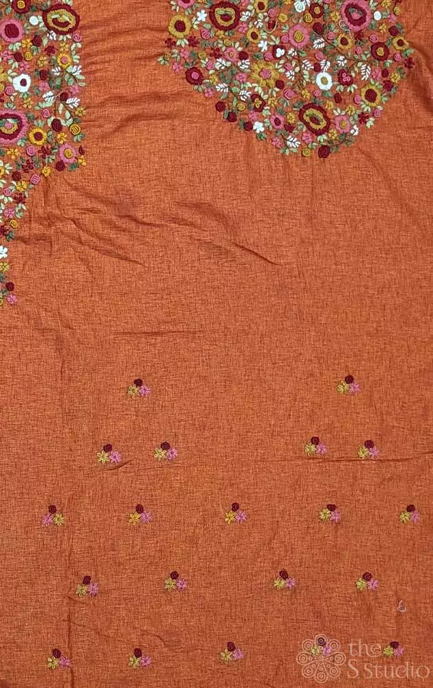 Orange tussar silk material with floral kutch hand embroidery