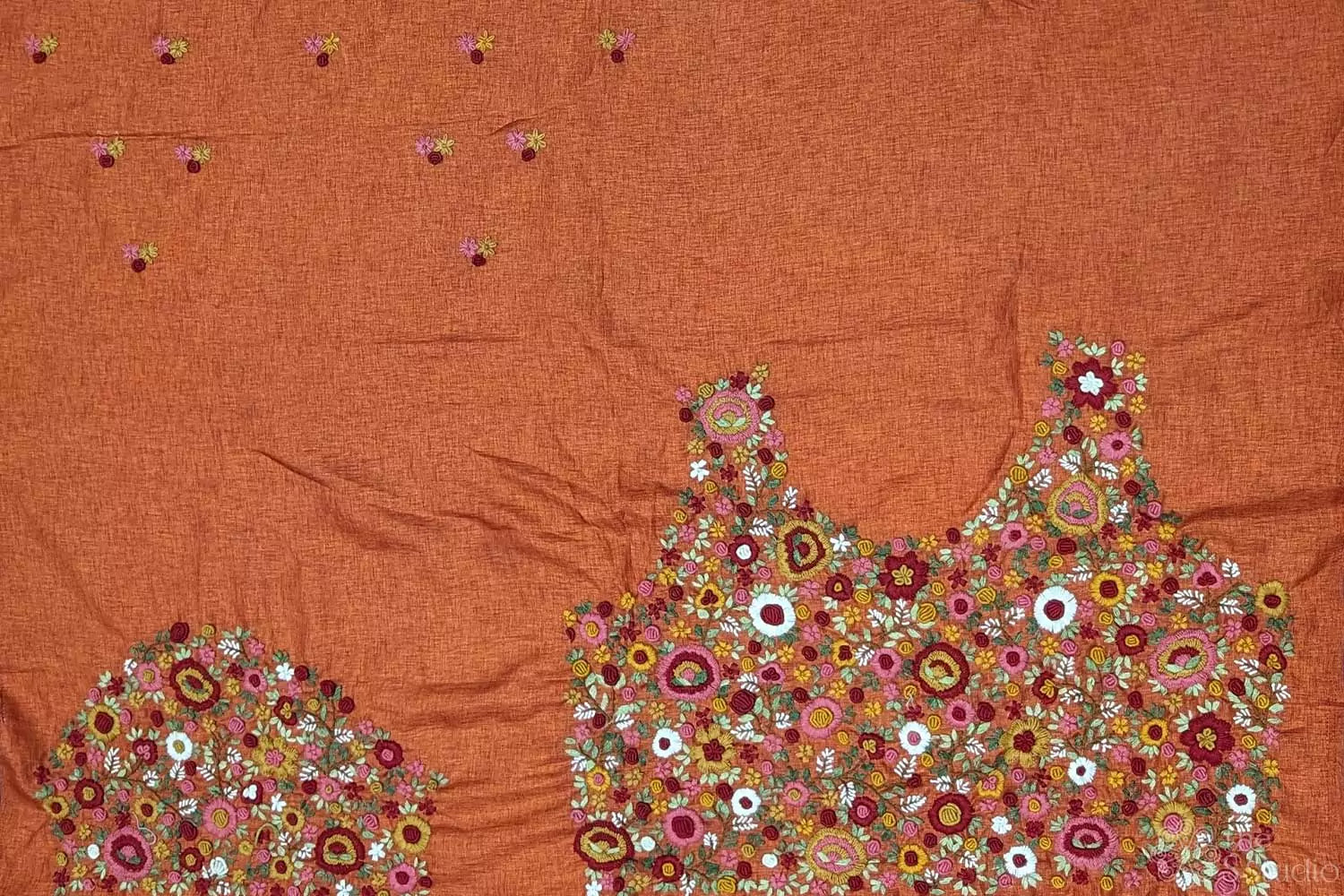 Orange tussar silk material with floral kutch hand embroidery