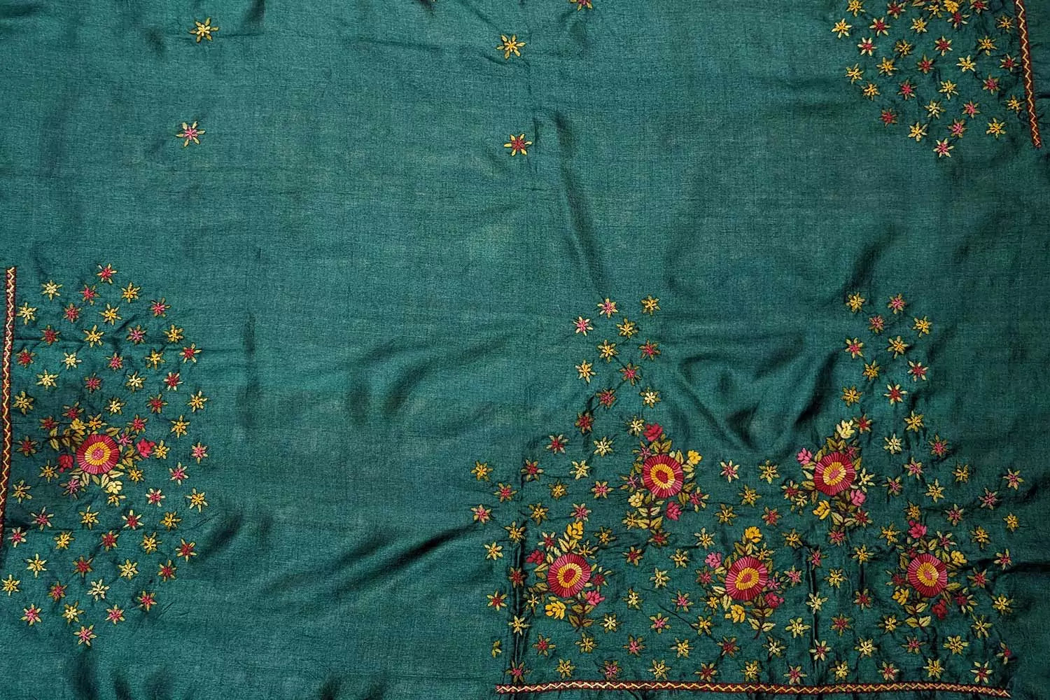 Dark green tussar silk material with floral kutch hand embroidery